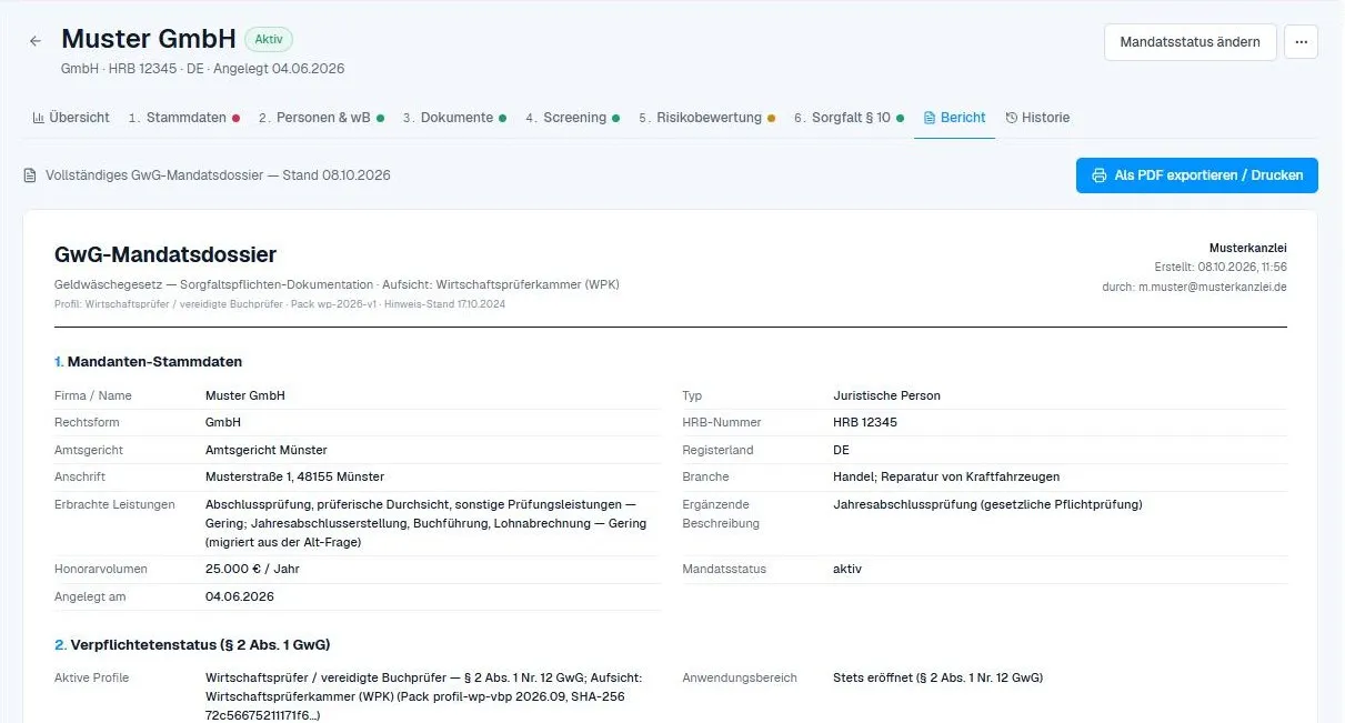 Mandatsdossier mit Stammdaten, Verpflichtetenstatus und zuständiger Aufsicht